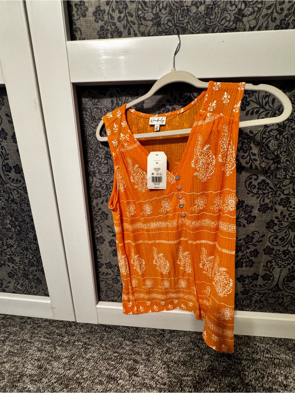 Sleeveless Orange Floral Print Button-Front Women's Top
